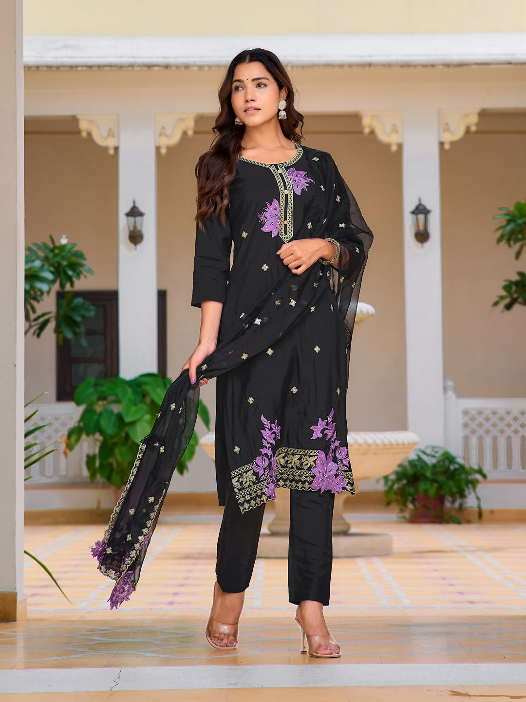 Embroidered Kurta With Pant & Embroidered Organza Dupatta, Black - Hiral Fashion