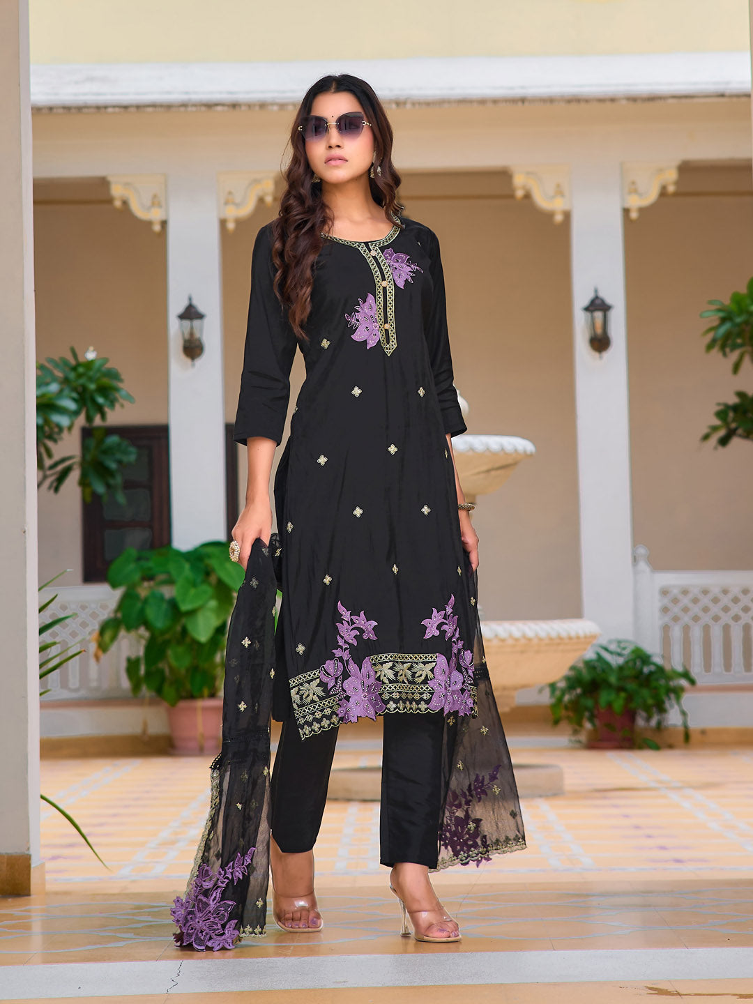 Embroidered Kurta With Pant & Embroidered Organza Dupatta, Black - Hiral Fashion