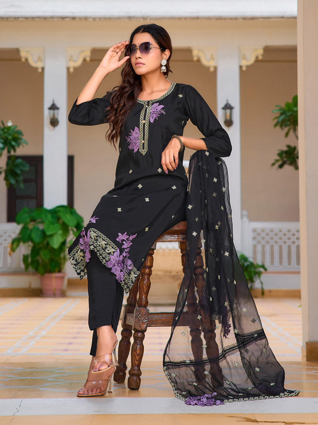 Embroidered Kurta With Pant & Embroidered Organza Dupatta, Black - Hiral Fashion