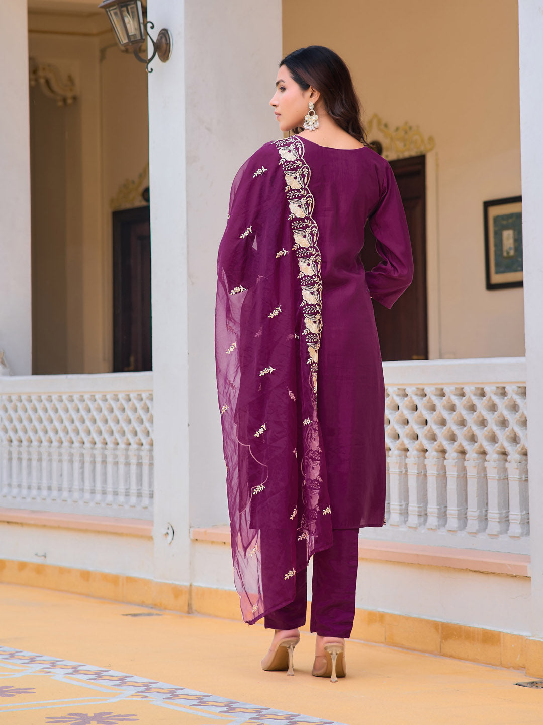 Embroidered Kurta With Pant & Embroidered Organza Dupatta, Purple - Hiral Fashion