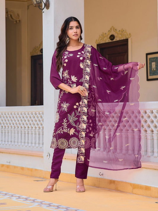 Embroidered Kurta With Pant & Embroidered Organza Dupatta, Purple - Hiral Fashion
