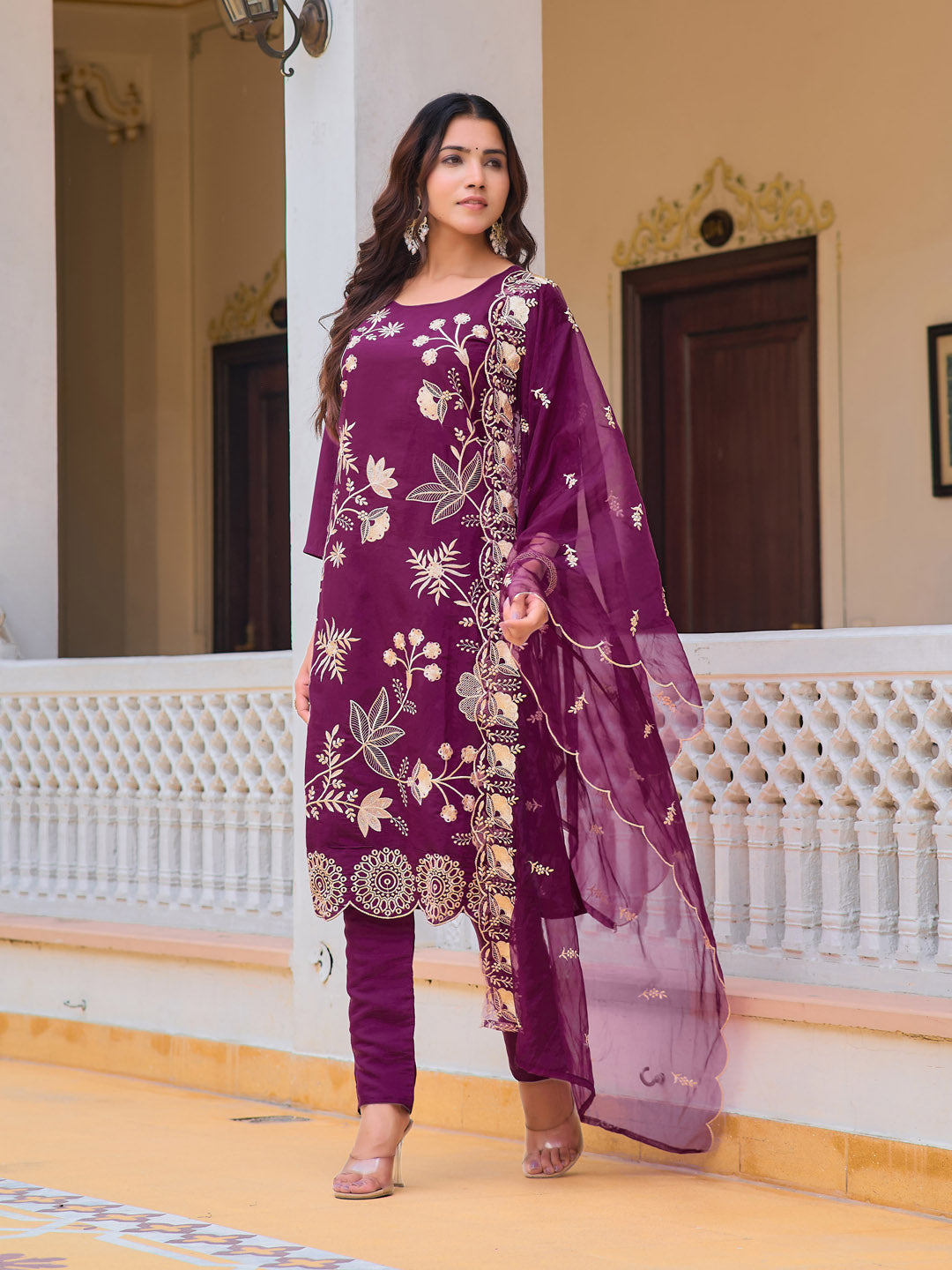 Embroidered Kurta With Pant & Embroidered Organza Dupatta, Purple - Hiral Fashion