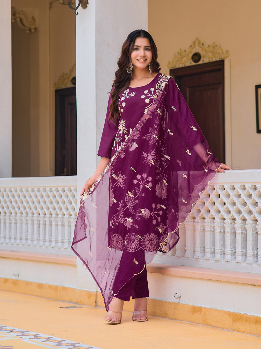Embroidered Kurta With Pant & Embroidered Organza Dupatta, Purple - Hiral Fashion