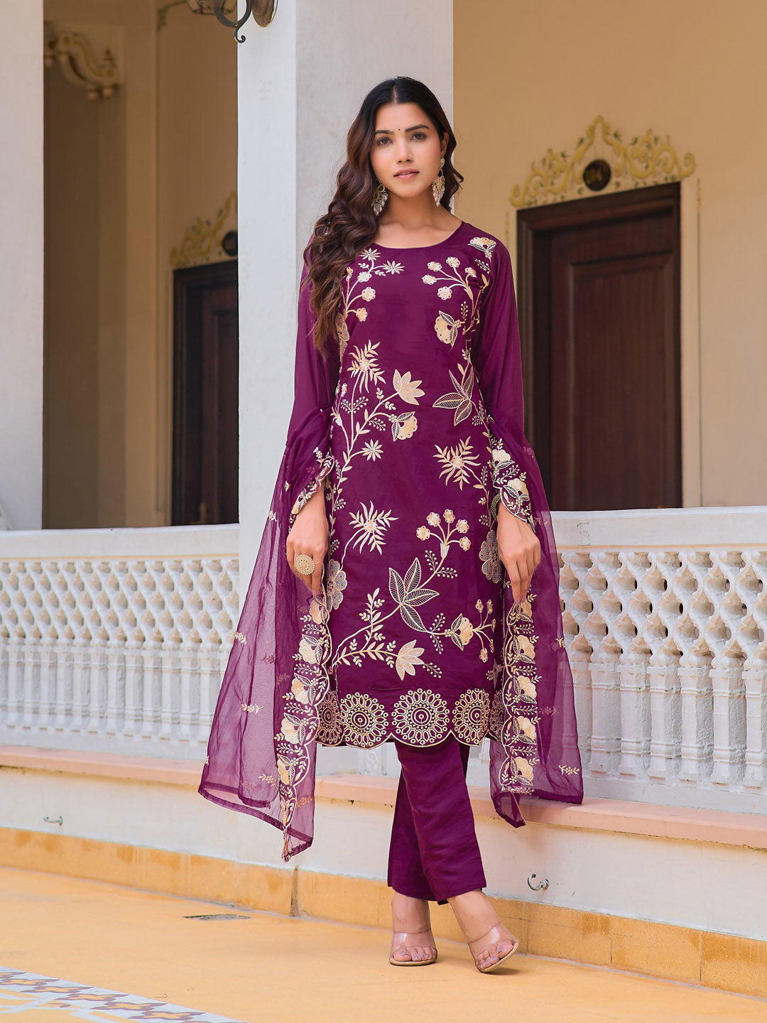 Embroidered Kurta With Pant & Embroidered Organza Dupatta, Purple - Hiral Fashion