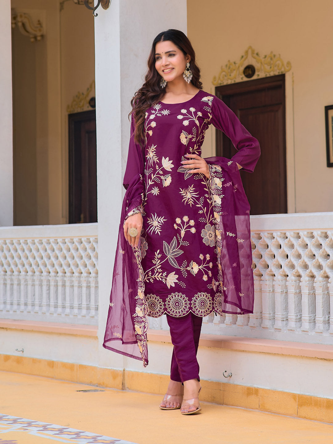 Embroidered Kurta With Pant & Embroidered Organza Dupatta, Purple - Hiral Fashion