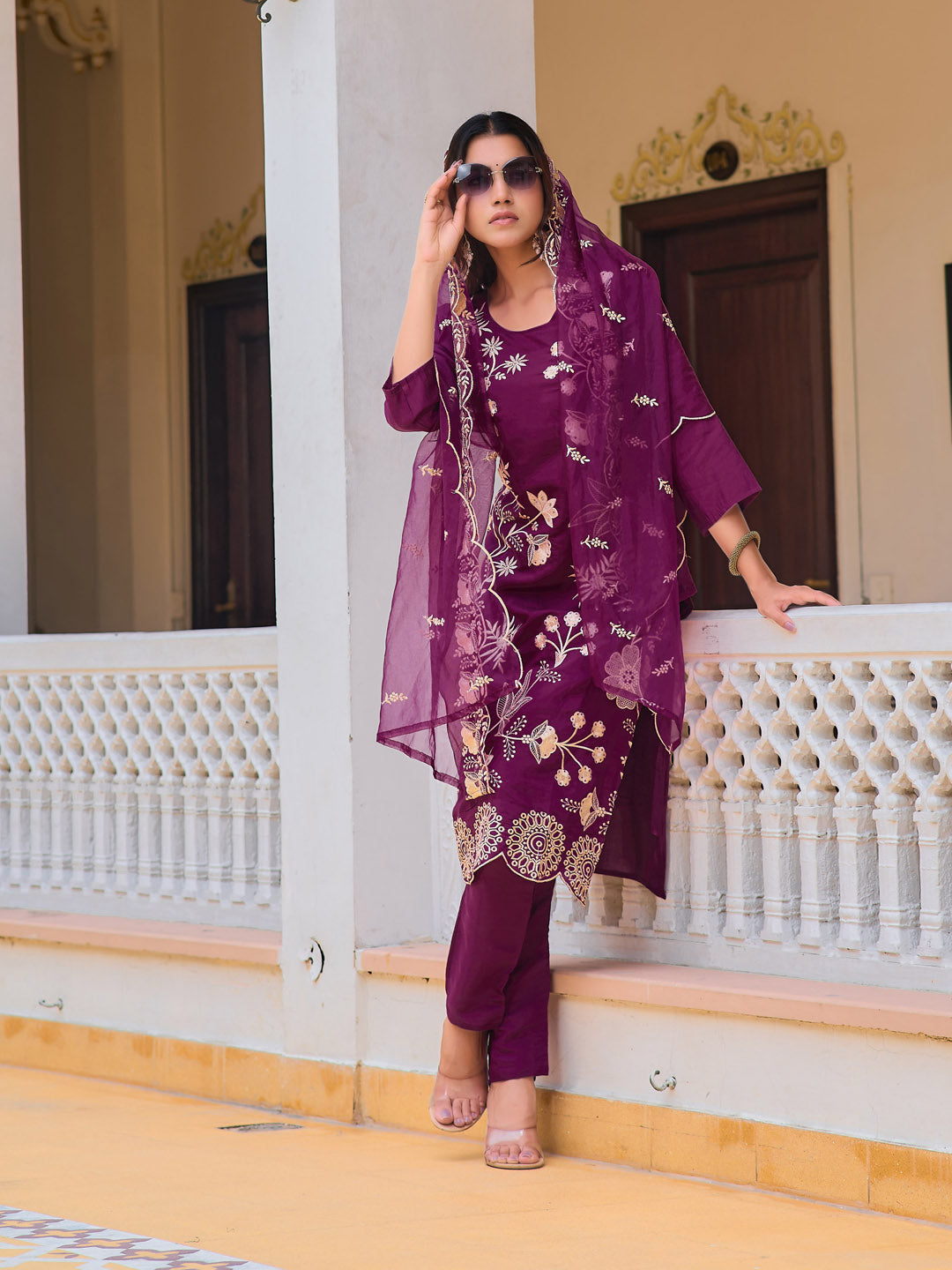 Embroidered Kurta With Pant & Embroidered Organza Dupatta, Purple - Hiral Fashion