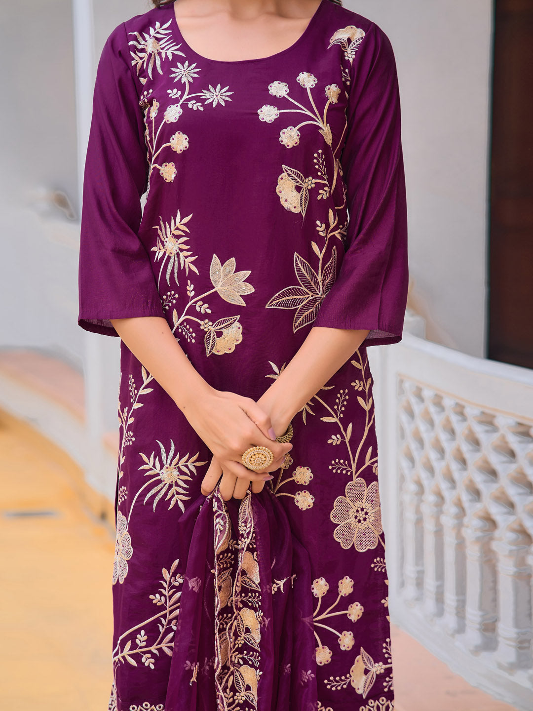 Embroidered Kurta With Pant & Embroidered Organza Dupatta, Purple - Hiral Fashion