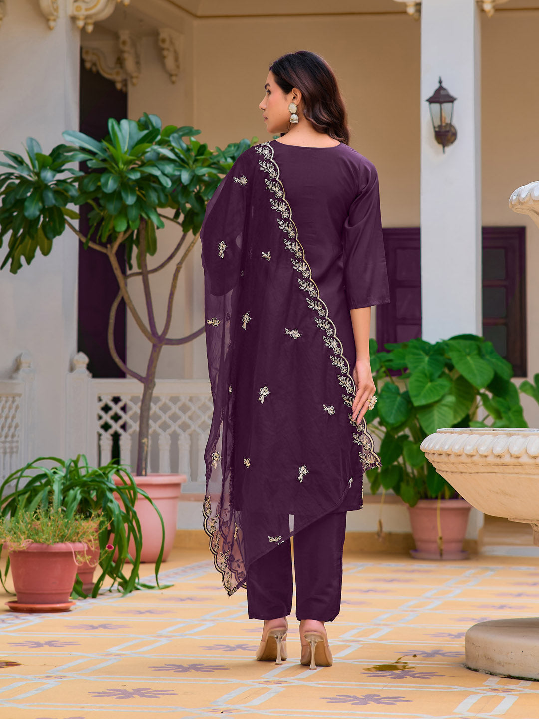 Hand Embroidered Kurta With Pant & Embroidered Cut Work Organza Dupatta, Wine - Hiral Fashion