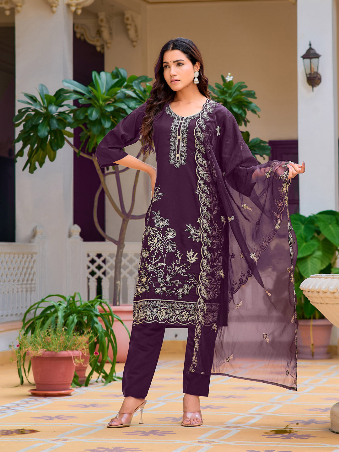 Hand Embroidered Kurta With Pant & Embroidered Cut Work Organza Dupatta, Wine - Hiral Fashion