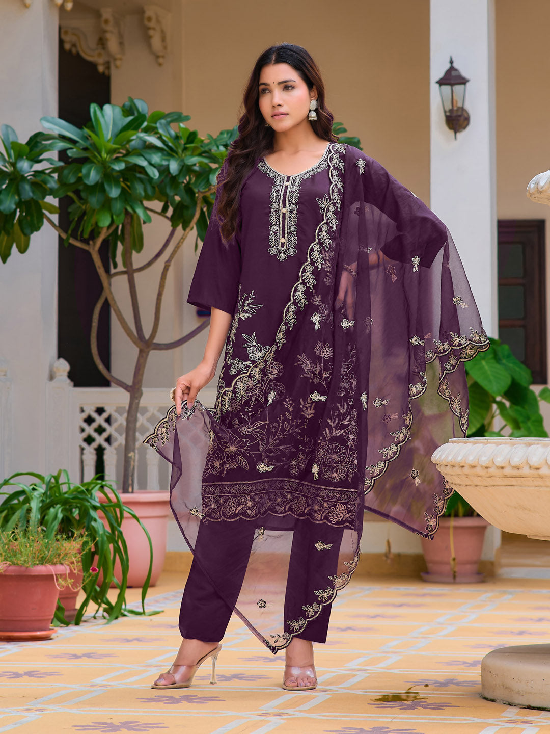 Hand Embroidered Kurta With Pant & Embroidered Cut Work Organza Dupatta, Wine - Hiral Fashion