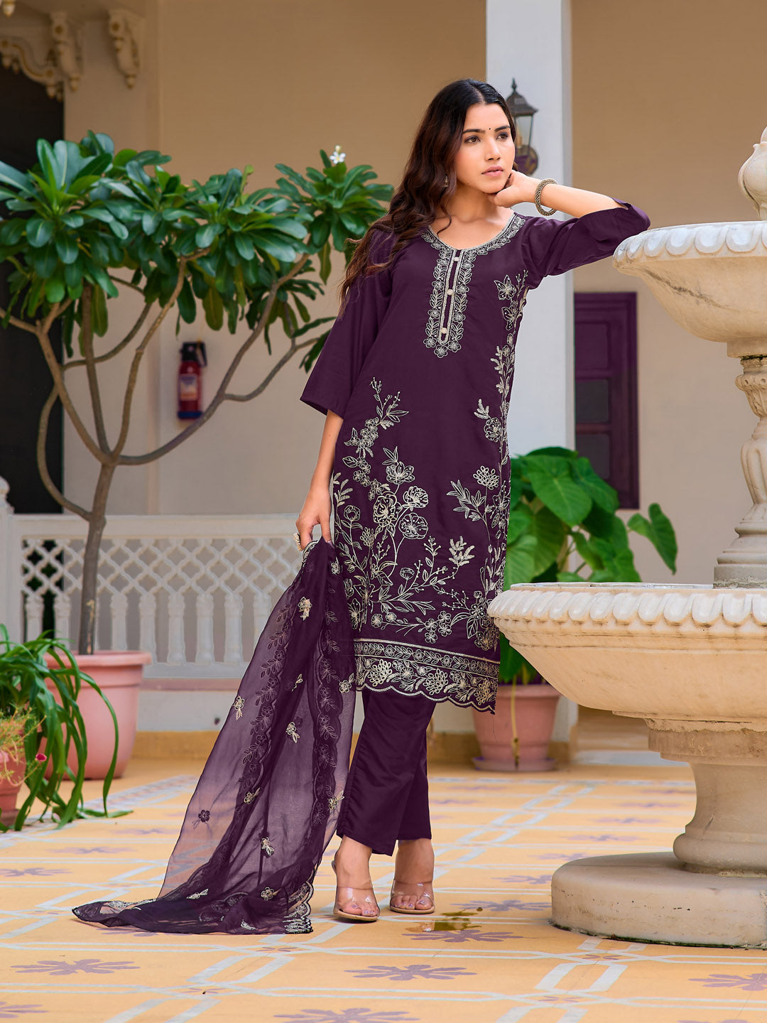 Hand Embroidered Kurta With Pant & Embroidered Cut Work Organza Dupatta, Wine - Hiral Fashion