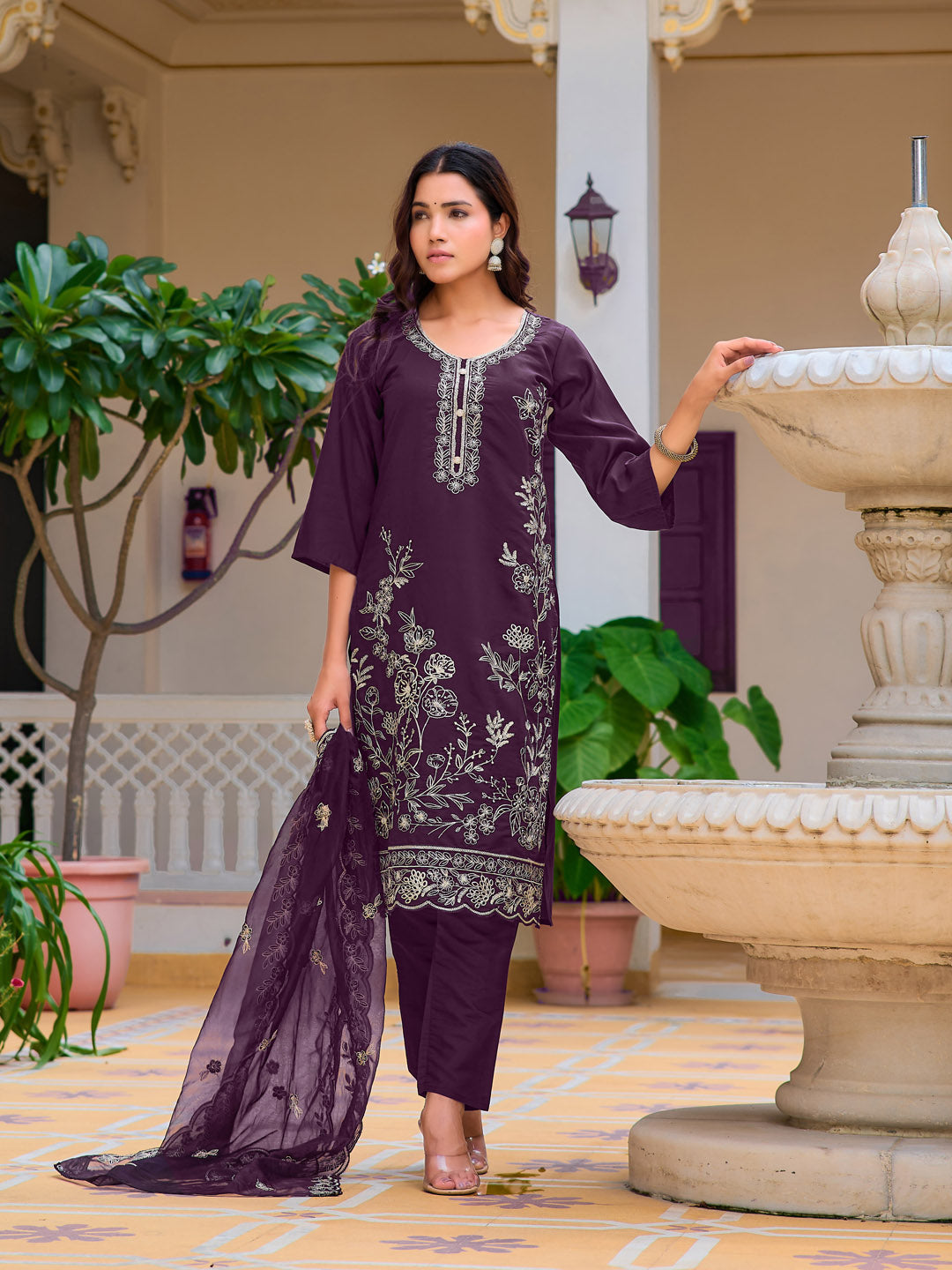 Hand Embroidered Kurta With Pant & Embroidered Cut Work Organza Dupatta, Wine - Hiral Fashion