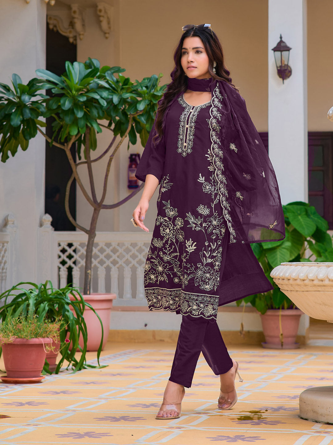Hand Embroidered Kurta With Pant & Embroidered Cut Work Organza Dupatta, Wine - Hiral Fashion
