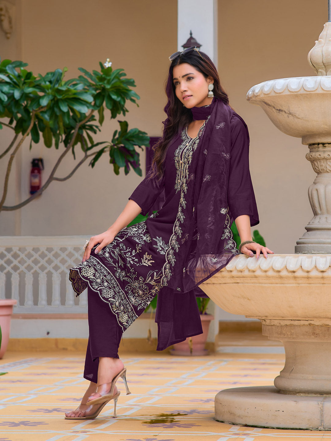 Hand Embroidered Kurta With Pant & Embroidered Cut Work Organza Dupatta, Wine - Hiral Fashion