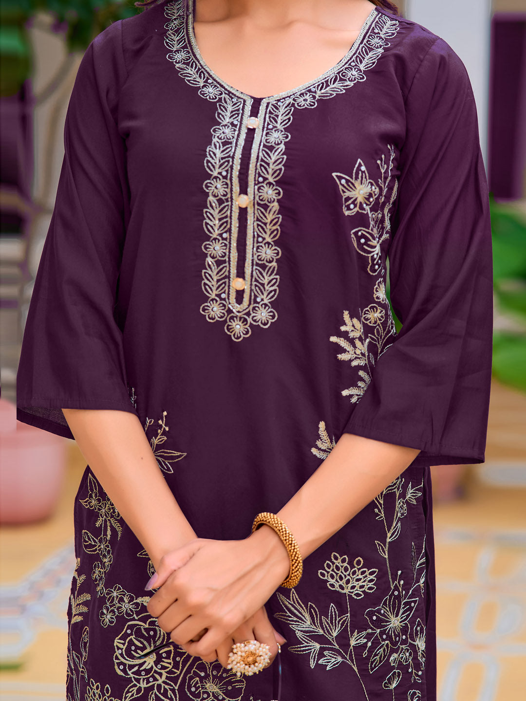 Hand Embroidered Kurta With Pant & Embroidered Cut Work Organza Dupatta, Wine - Hiral Fashion