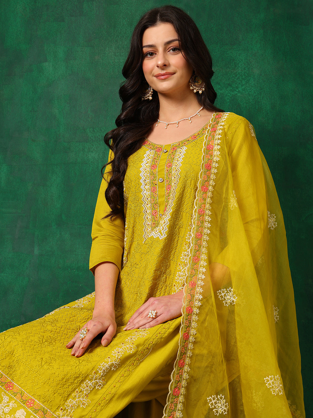 Embroidered Kurta With Pant & Embroidered Dupatta, Yellow - Hiral Fashion