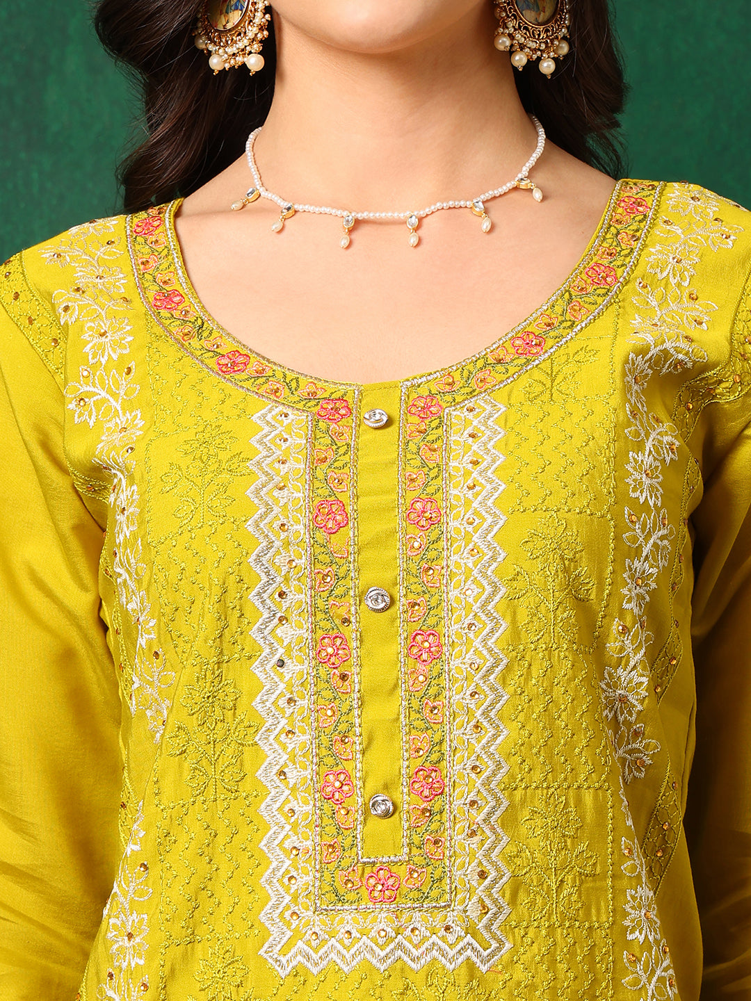 Embroidered Kurta With Pant & Embroidered Dupatta, Yellow - Hiral Fashion