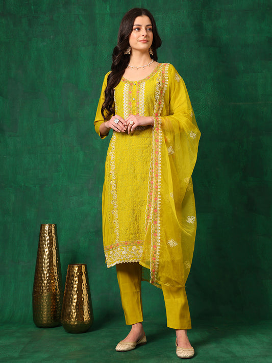 Embroidered Kurta With Pant & Embroidered Dupatta, Yellow - Hiral Fashion
