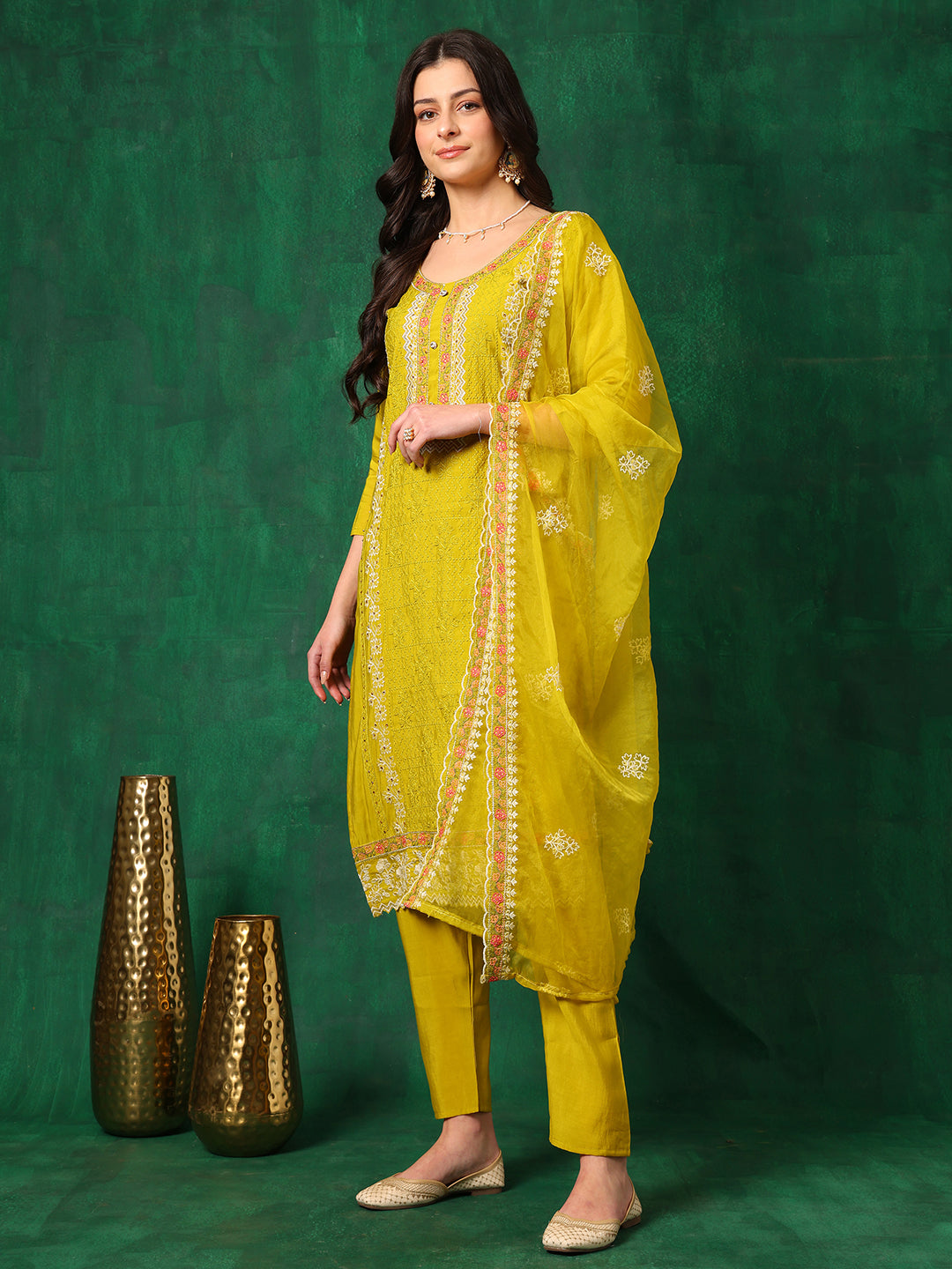 Embroidered Kurta With Pant & Embroidered Dupatta, Yellow - Hiral Fashion