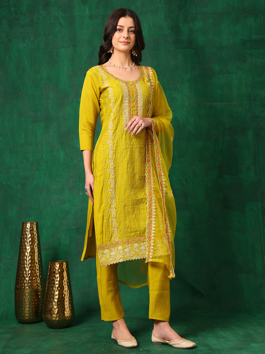 Embroidered Kurta With Pant & Embroidered Dupatta, Yellow - Hiral Fashion