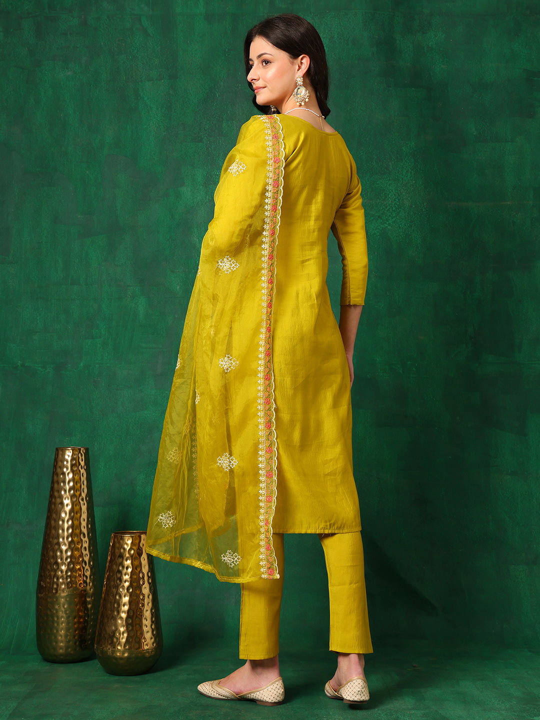 Embroidered Kurta With Pant & Embroidered Dupatta, Yellow - Hiral Fashion