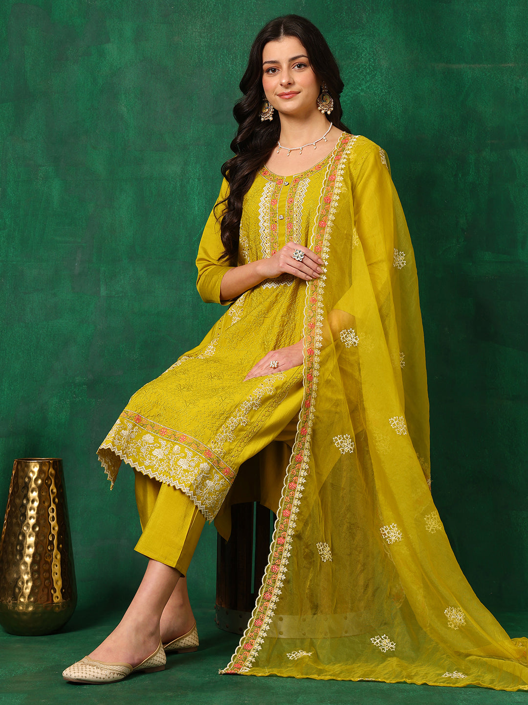 Embroidered Kurta With Pant & Embroidered Dupatta, Yellow - Hiral Fashion