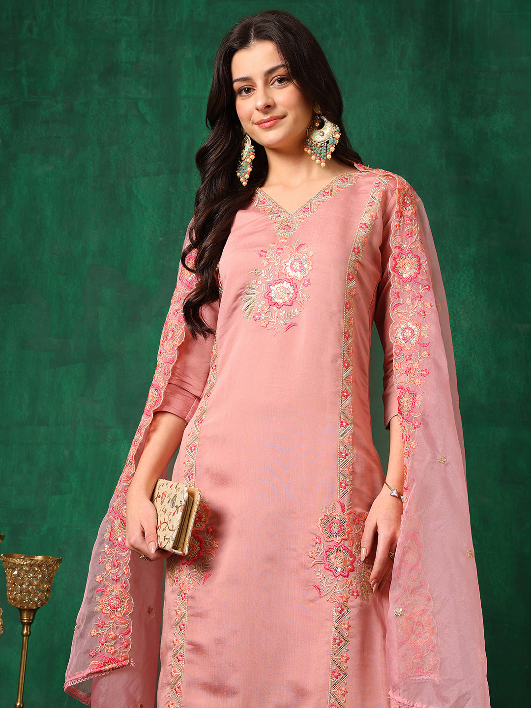Embroidered Kurta With Pant & Embroidered Dupatta, Pink - Hiral Fashion