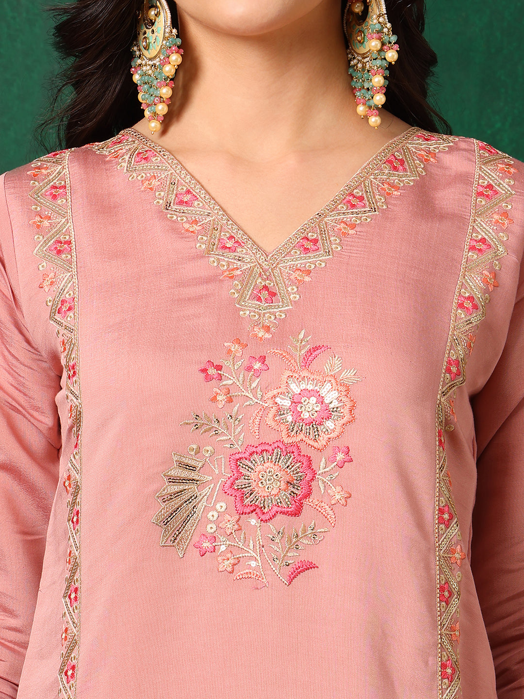 Embroidered Kurta With Pant & Embroidered Dupatta, Pink - Hiral Fashion