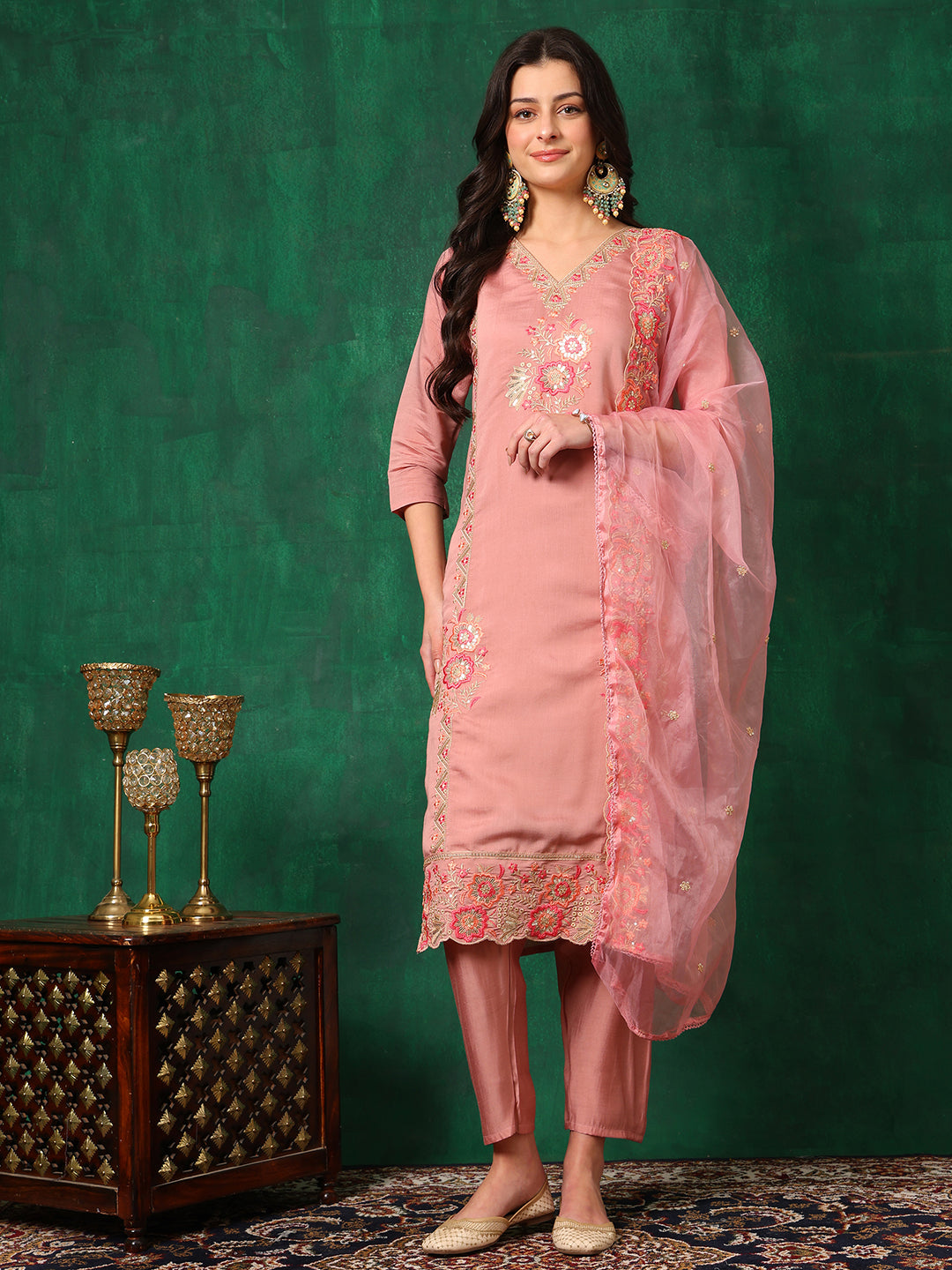 Embroidered Kurta With Pant & Embroidered Dupatta, Pink - Hiral Fashion