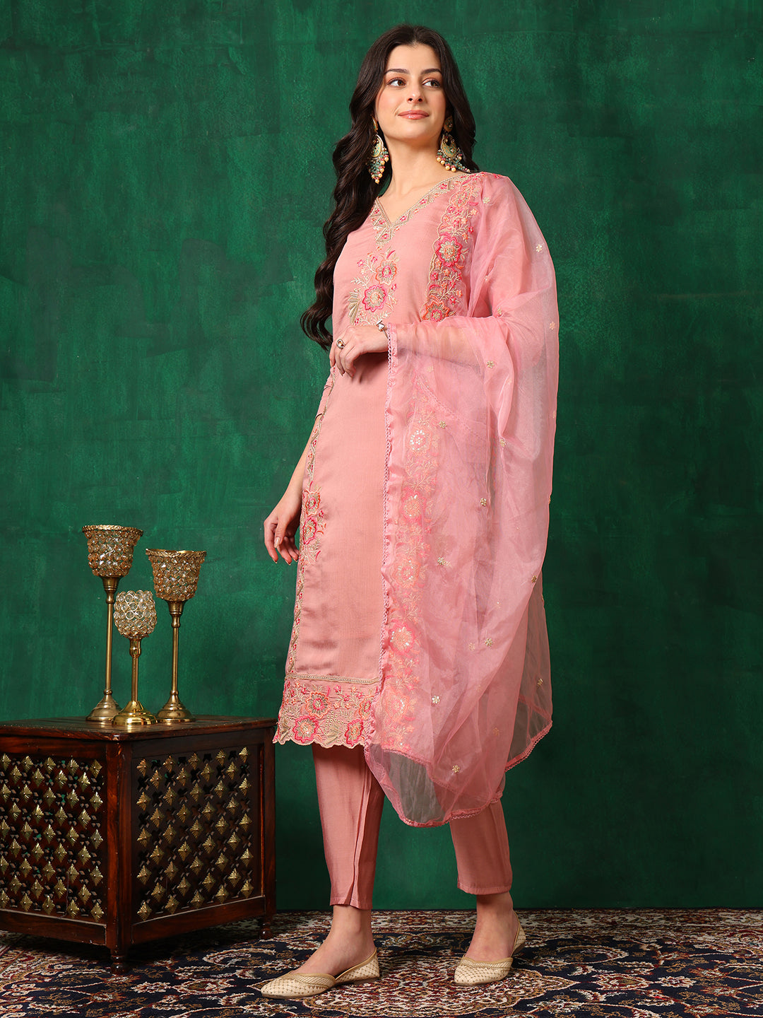 Embroidered Kurta With Pant & Embroidered Dupatta, Pink - Hiral Fashion
