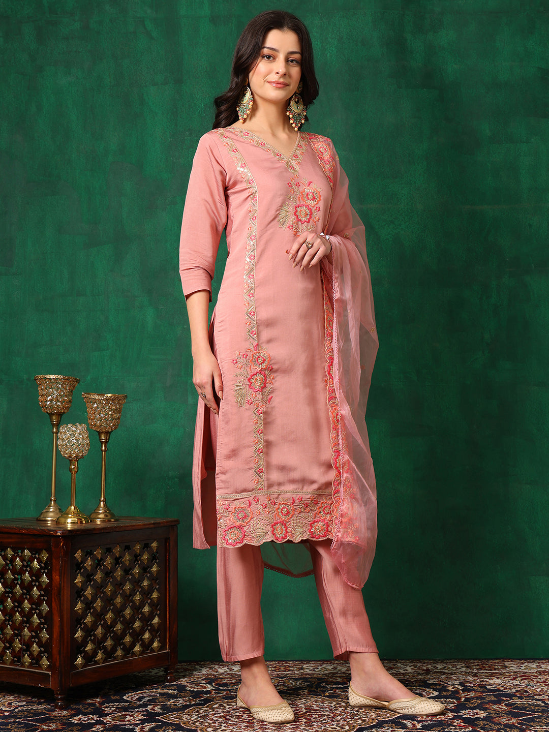 Embroidered Kurta With Pant & Embroidered Dupatta, Pink - Hiral Fashion