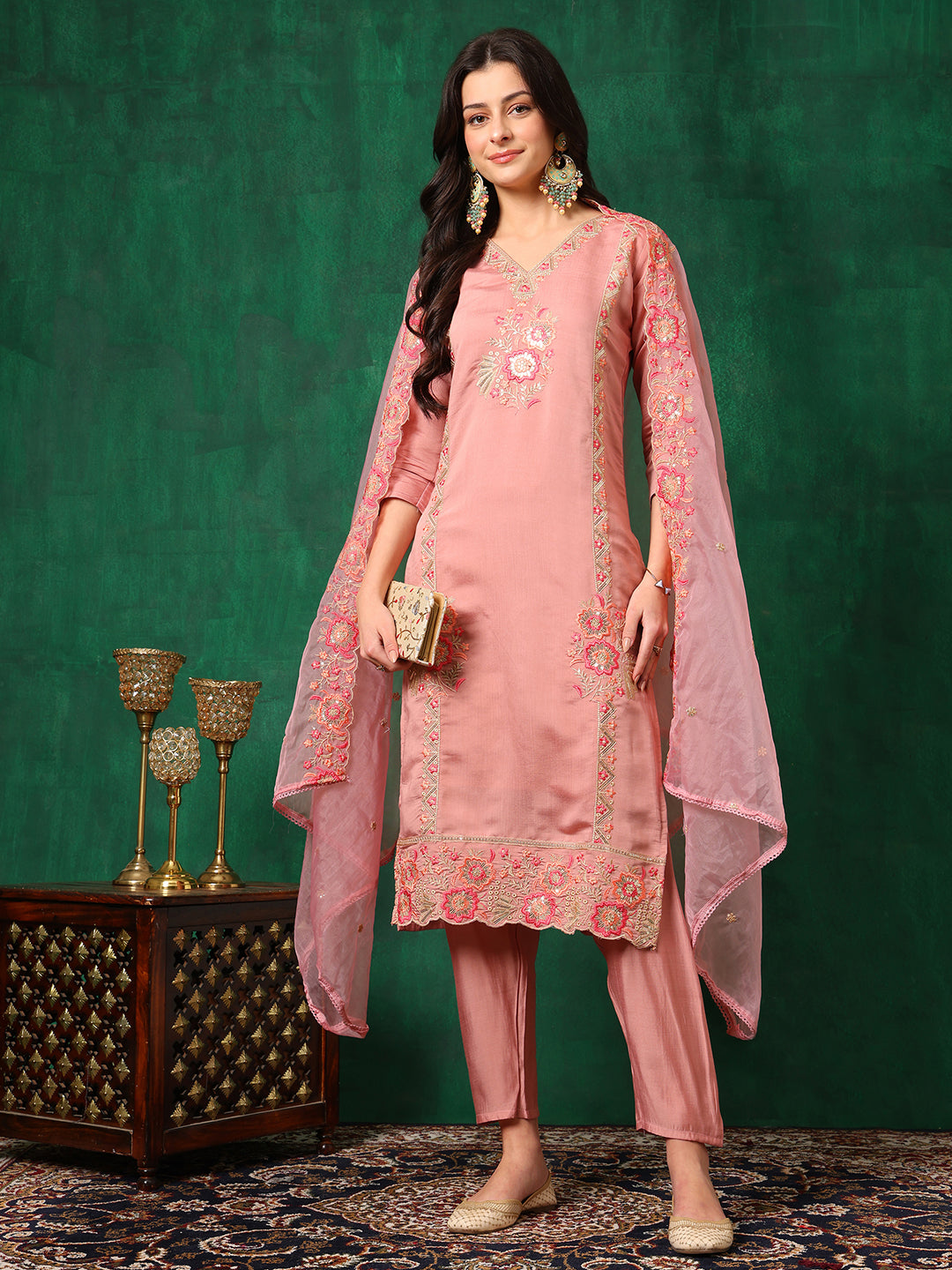 Embroidered Kurta With Pant & Embroidered Dupatta, Pink - Hiral Fashion