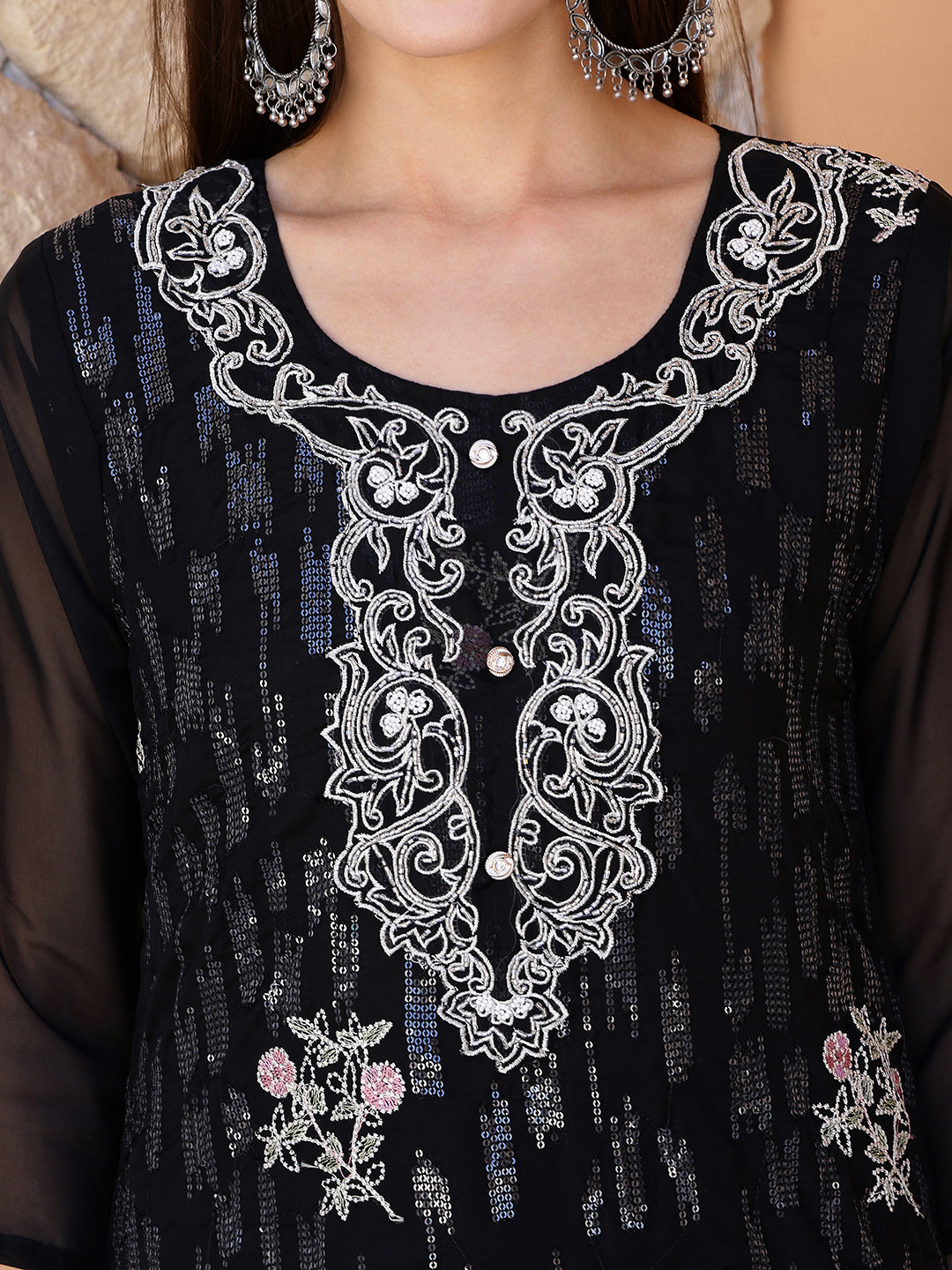 Pakistani Sequined Embroidered Kurta With Pant & Dupatta, Black - Hiral Fashion