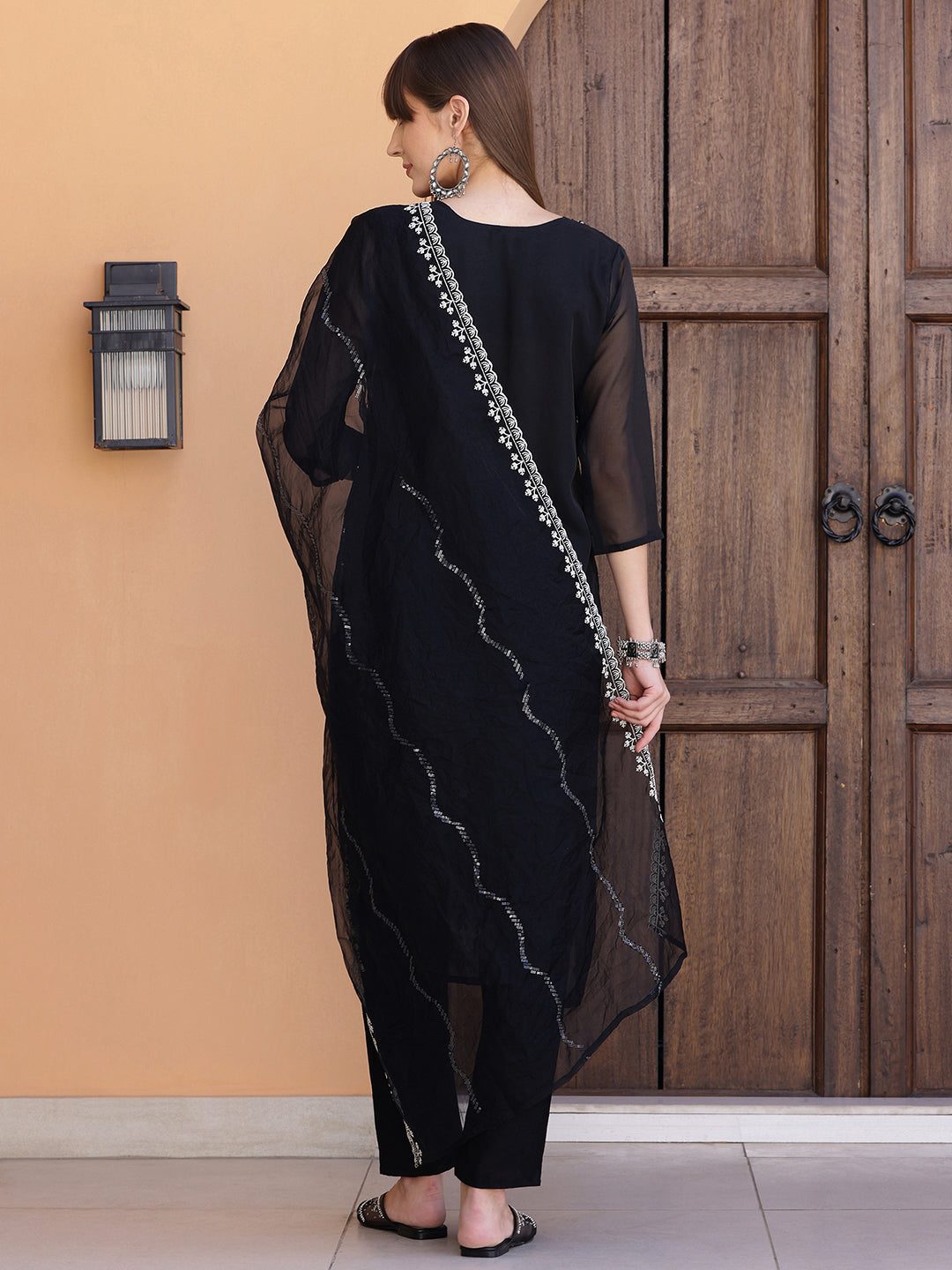 Pakistani Sequined Embroidered Kurta With Pant & Dupatta, Black - Hiral Fashion