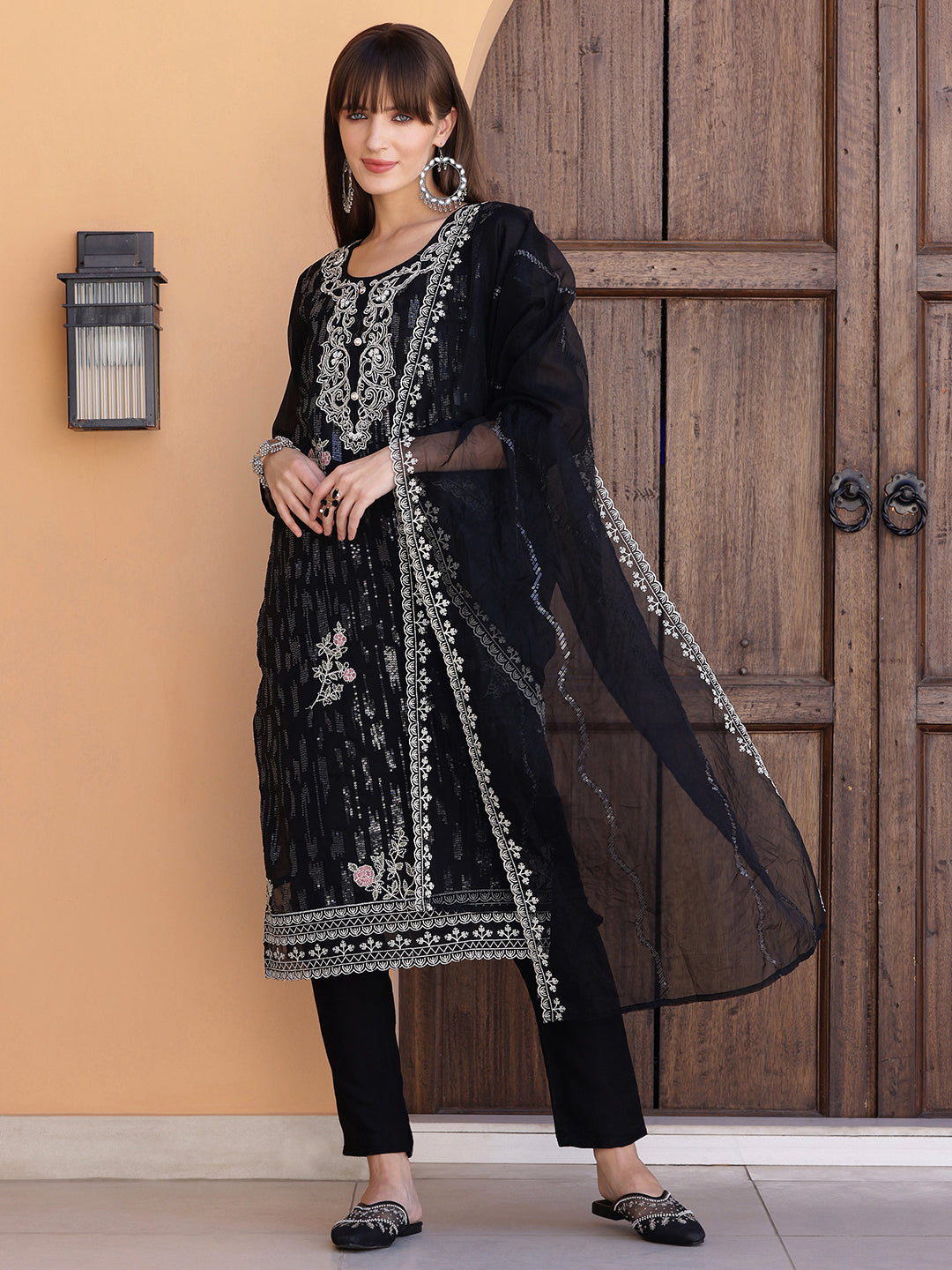 Pakistani Sequined Embroidered Kurta With Pant & Dupatta, Black - Hiral Fashion