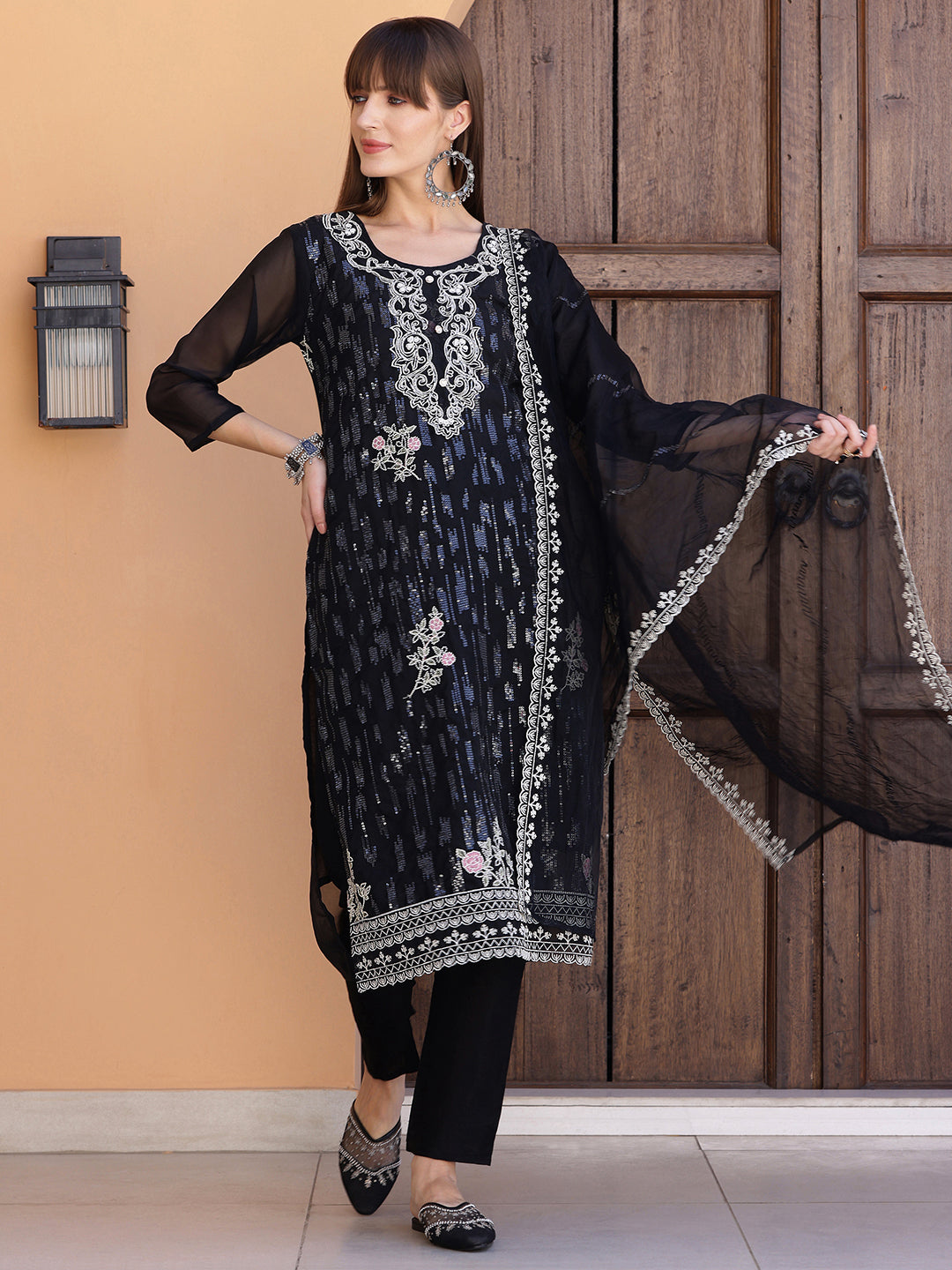 Pakistani Sequined Embroidered Kurta With Pant & Dupatta, Black - Hiral Fashion