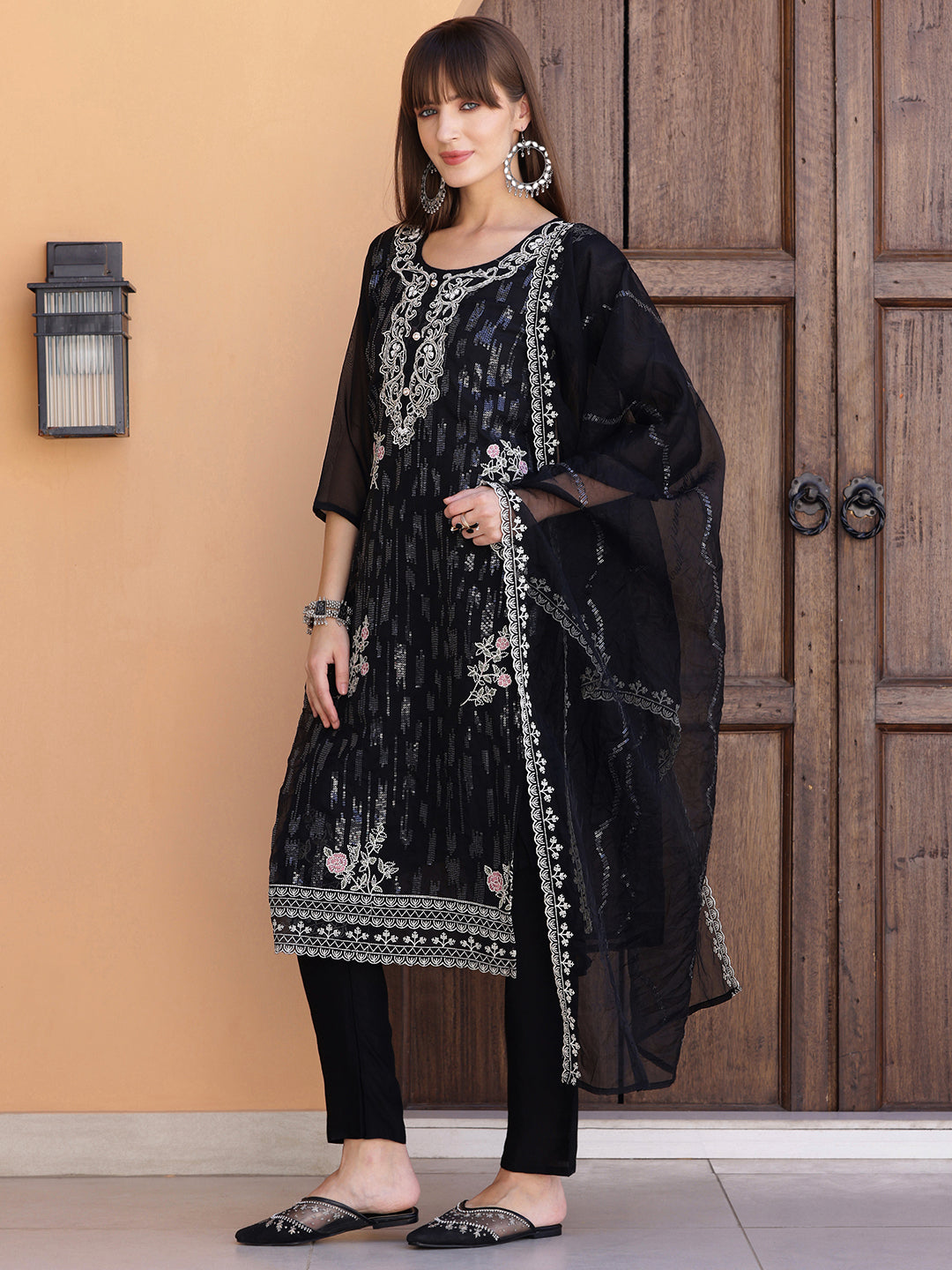 Pakistani Sequined Embroidered Kurta With Pant & Dupatta, Black - Hiral Fashion