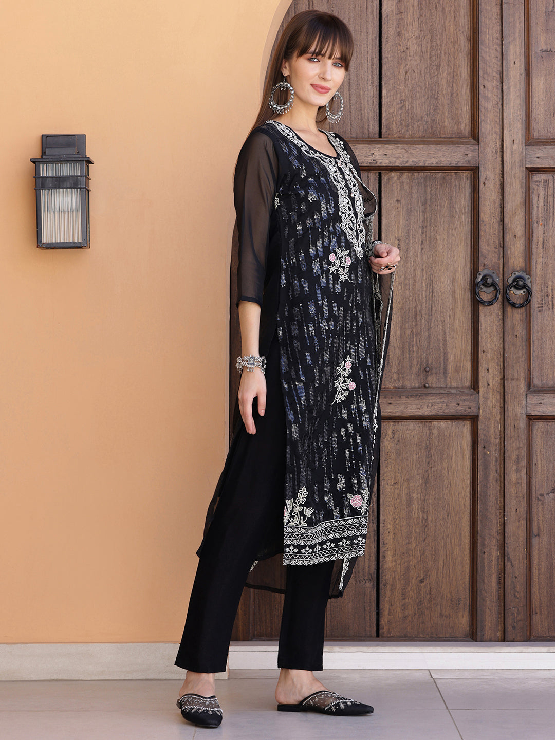 Pakistani Sequined Embroidered Kurta With Pant & Dupatta, Black - Hiral Fashion