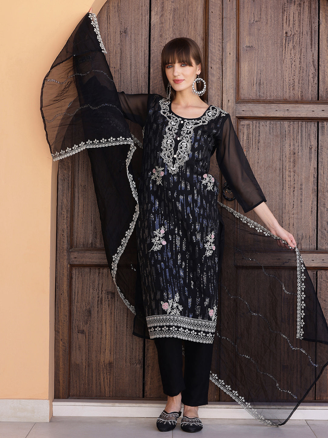 Pakistani Sequined Embroidered Kurta With Pant & Dupatta, Black - Hiral Fashion