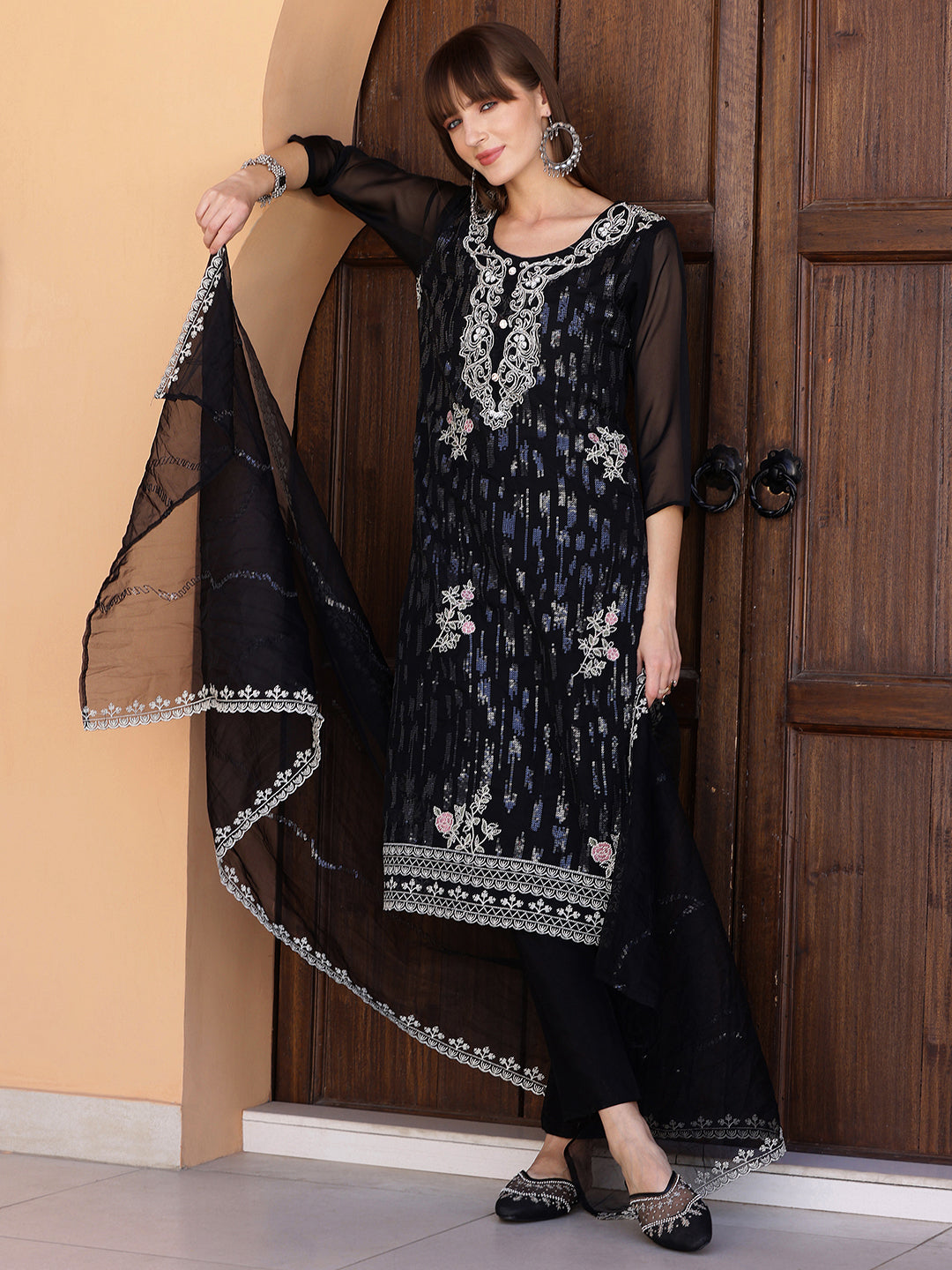 Pakistani Sequined Embroidered Kurta With Pant & Dupatta, Black - Hiral Fashion