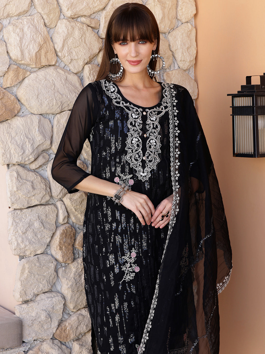 Pakistani Sequined Embroidered Kurta With Pant & Dupatta, Black - Hiral Fashion
