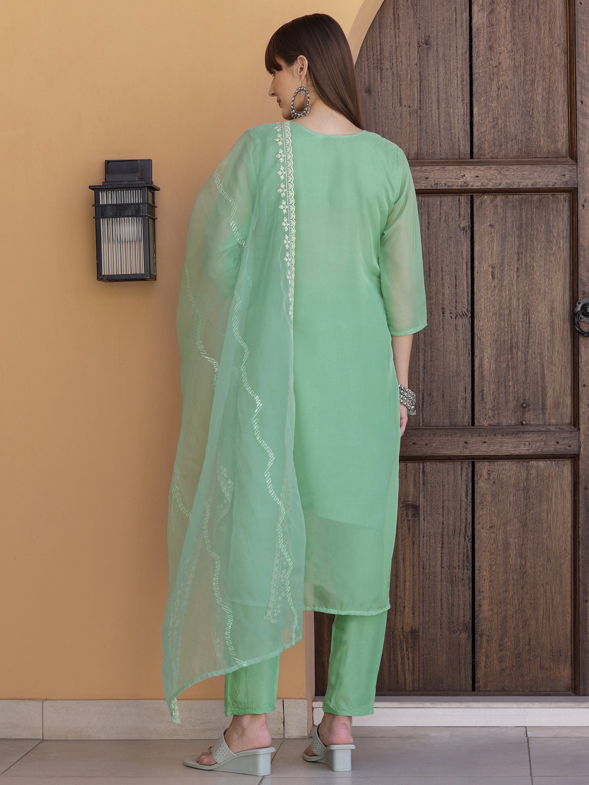 Pakistani Sequined Embroidered Kurta With Pant & Dupatta, Green - Hiral Fashion