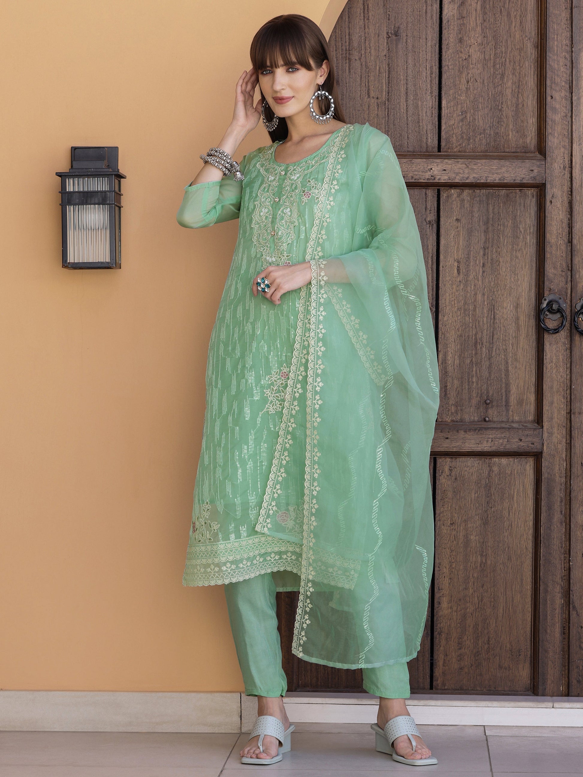 Pakistani Sequined Embroidered Kurta With Pant & Dupatta, Green - Hiral Fashion