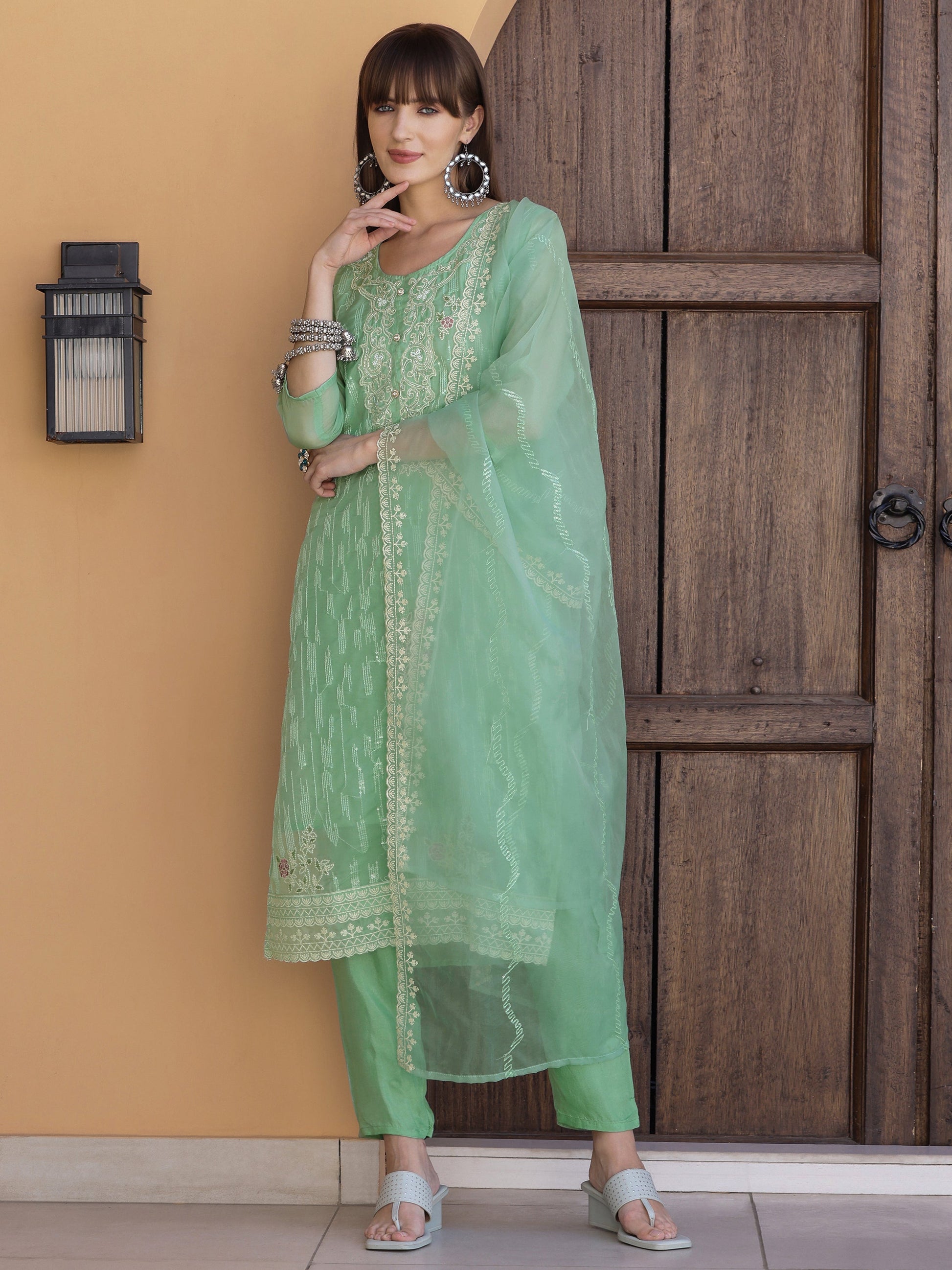 Pakistani Sequined Embroidered Kurta With Pant & Dupatta, Green - Hiral Fashion
