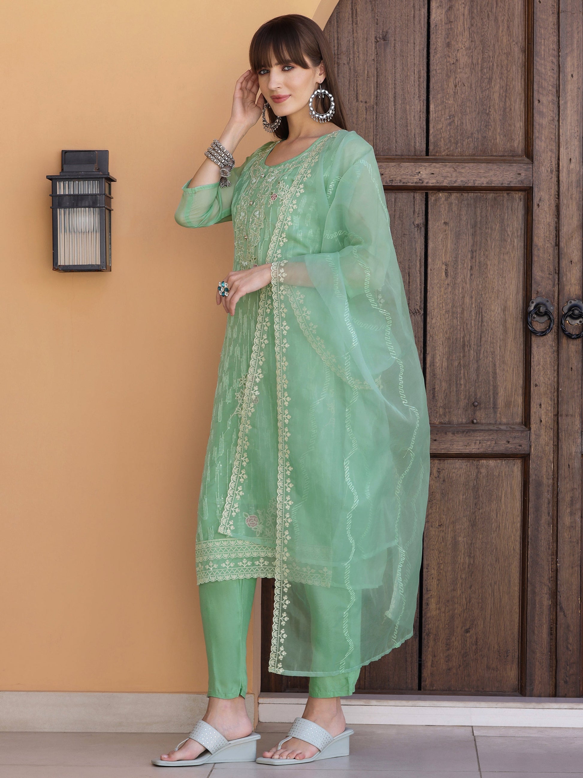 Pakistani Sequined Embroidered Kurta With Pant & Dupatta, Green - Hiral Fashion