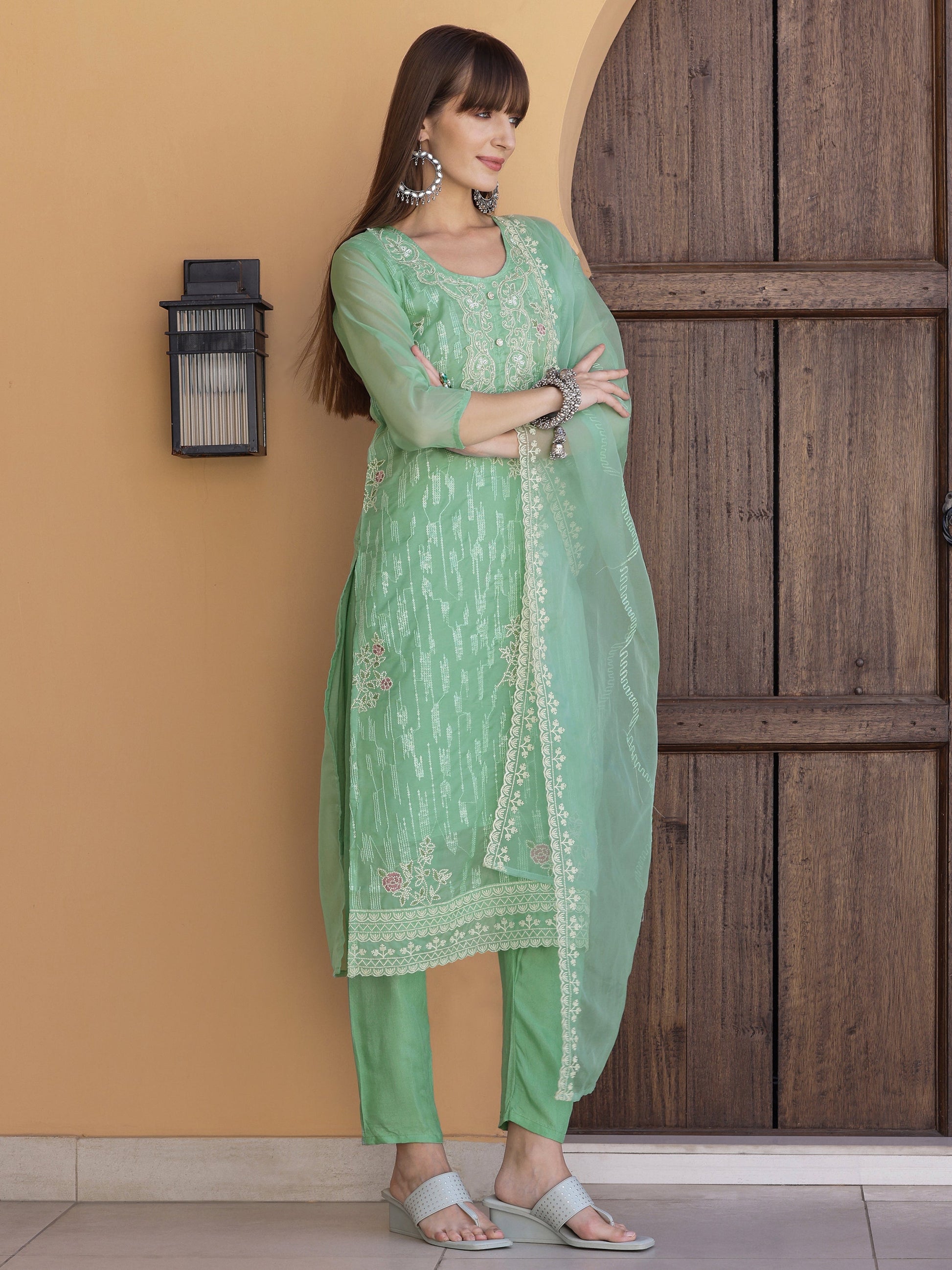 Pakistani Sequined Embroidered Kurta With Pant & Dupatta, Green - Hiral Fashion