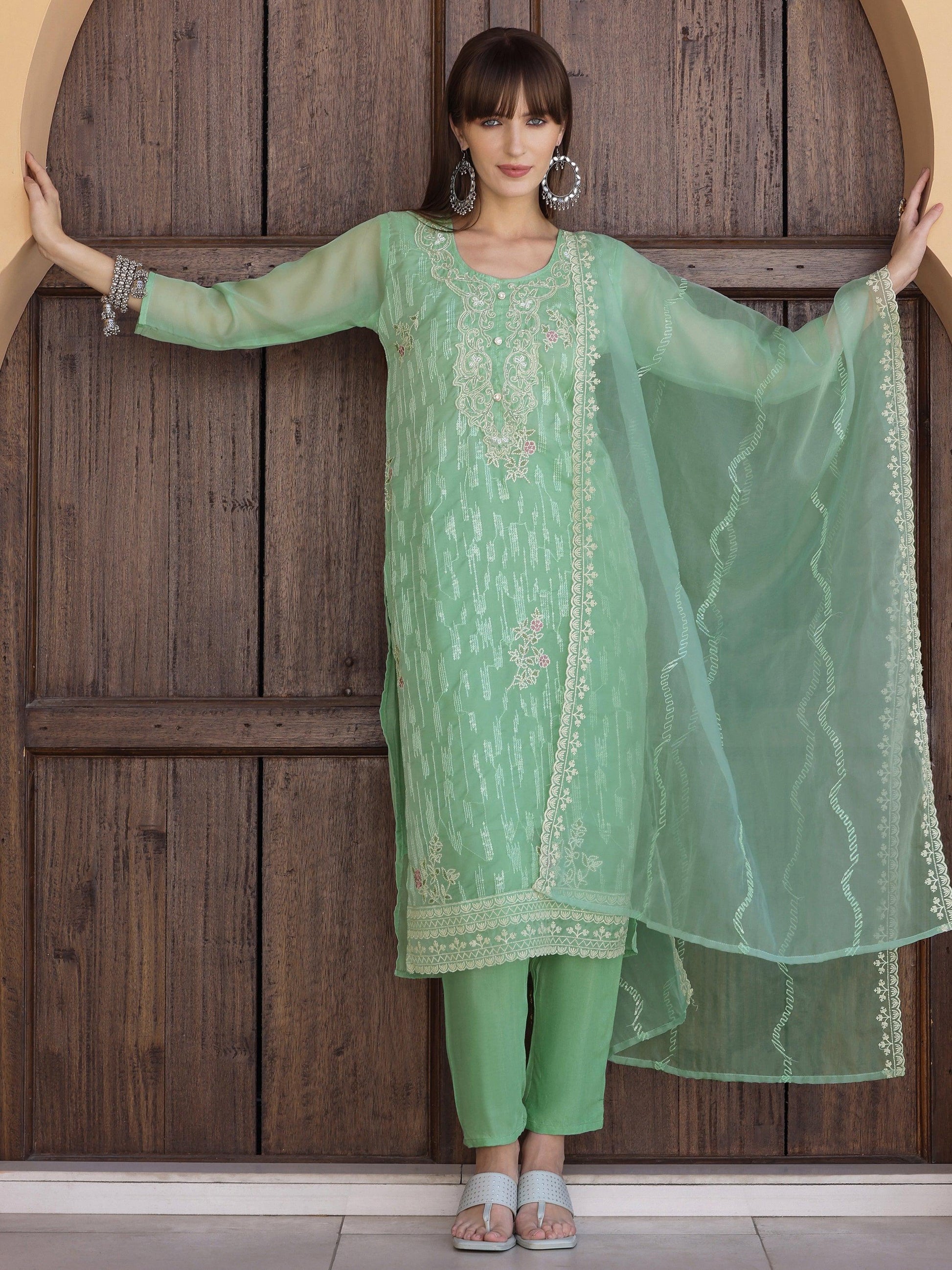 Pakistani Sequined Embroidered Kurta With Pant & Dupatta, Green - Hiral Fashion