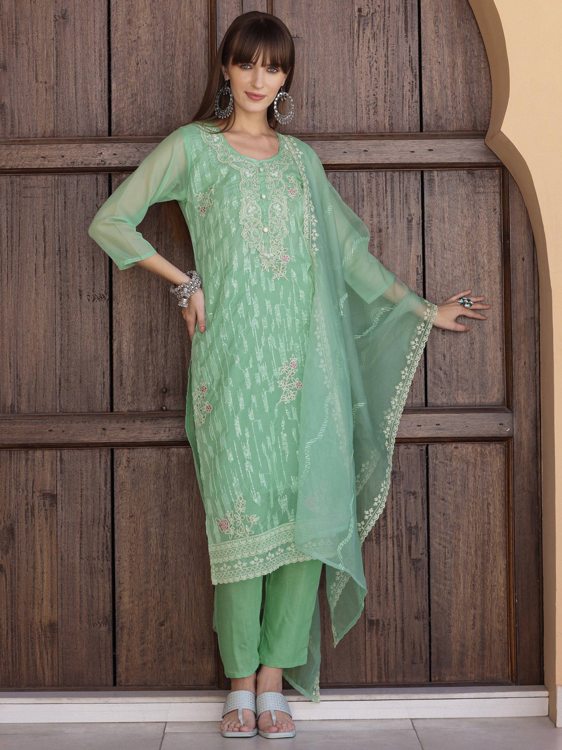 Pakistani Sequined Embroidered Kurta With Pant & Dupatta, Green - Hiral Fashion