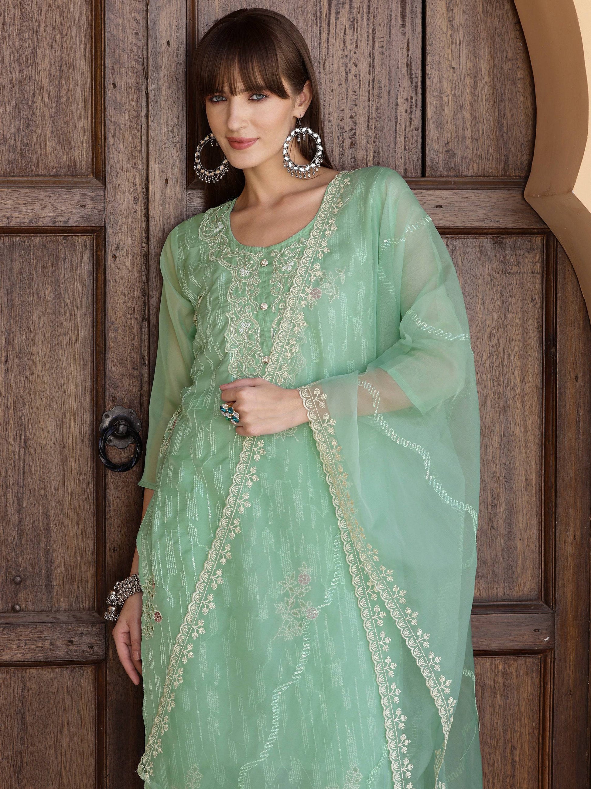 Pakistani Sequined Embroidered Kurta With Pant & Dupatta, Green - Hiral Fashion