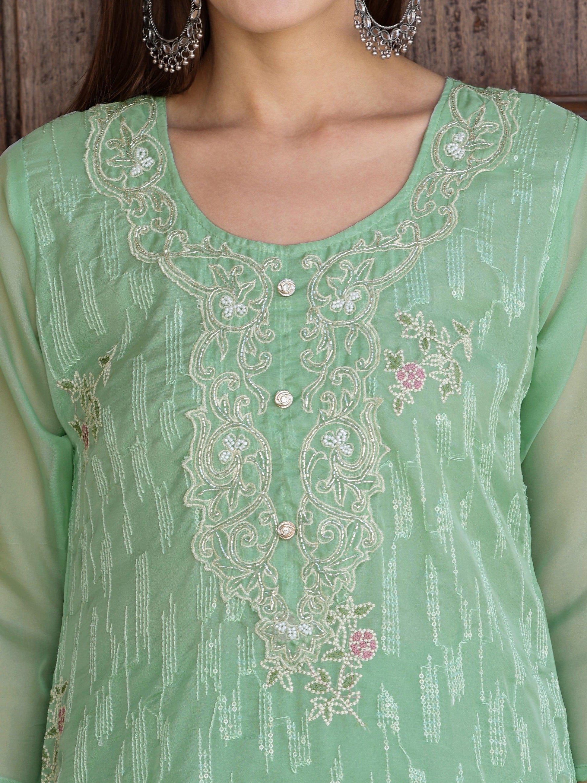 Pakistani Sequined Embroidered Kurta With Pant & Dupatta, Green - Hiral Fashion